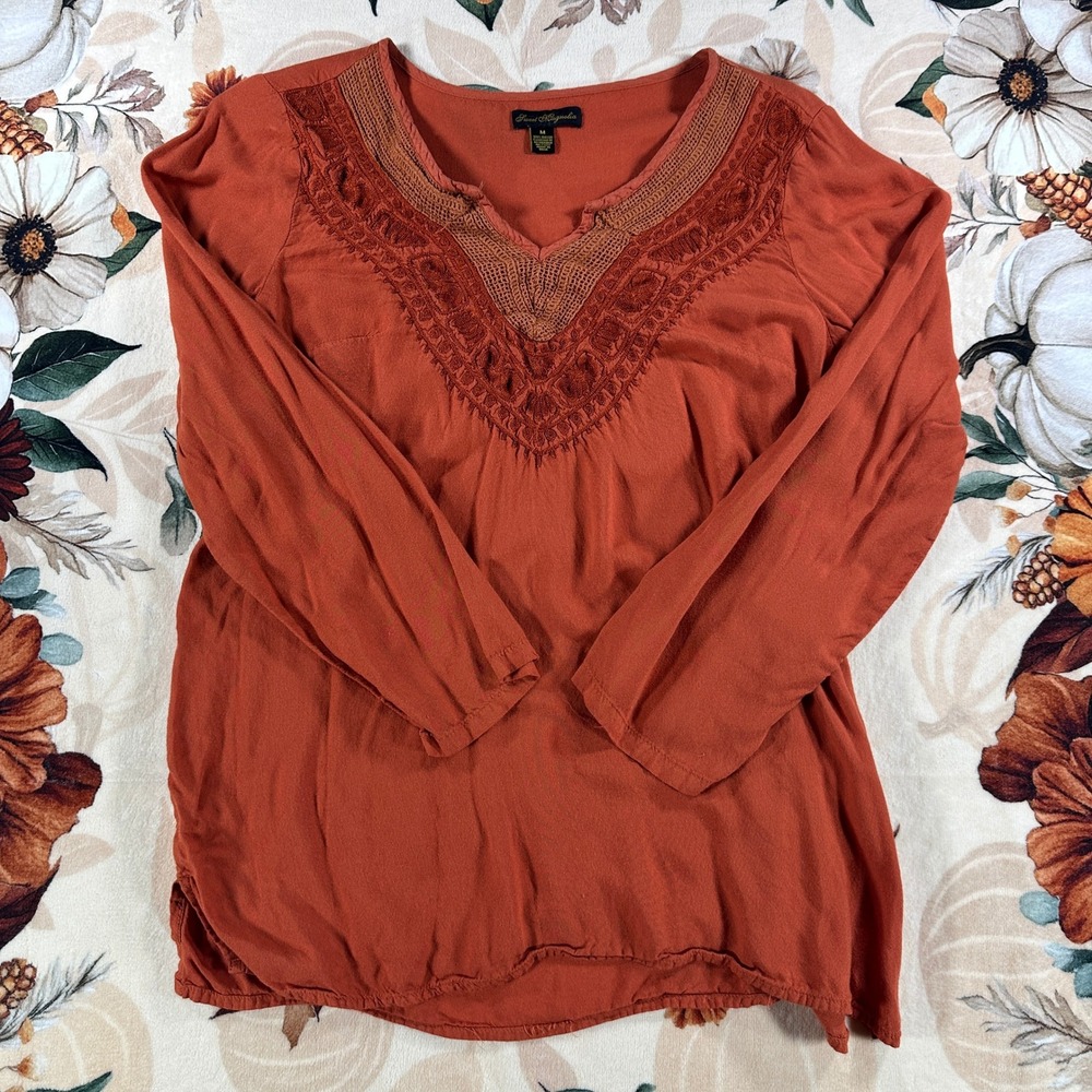 Sweet Magnolia Womens Rust Orange Embroidered Boho Peasant Blouse Long Sleeve M